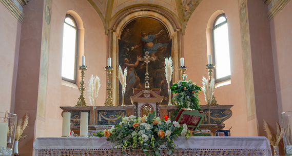 Miramare Italy June 26, 2022: Church decorated for wedding ceremony