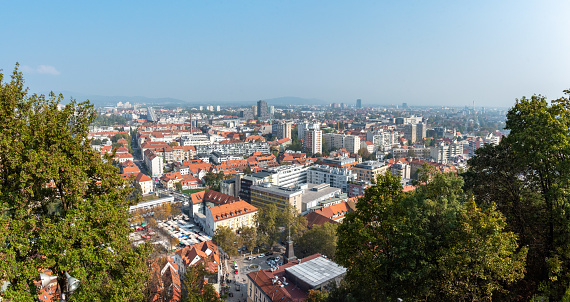 Aerial view over downtown Ljubljana, the Slovenian capital city
