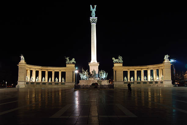 The Heroe's Square in Budapest by Night stock photo