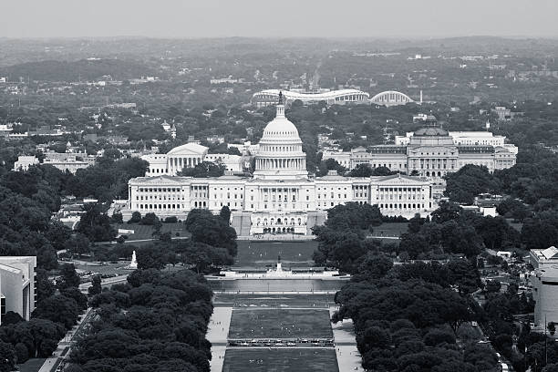 Aerial view of the United States Capitol This is an aerial shot of the United States Capitol in Washington, DC. This shot is black and white. capitol building washington dc photos stock pictures, royalty-free photos & images