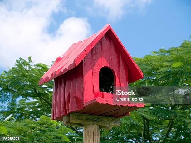 Rojo Casita De Pájaros Foto de stock y más banco de imágenes de Animales en cautiverio - Animales en cautiverio, Aviario, Azul