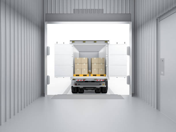 istock Logistic trailer truck or lorry fully loading cardboard boxes 1442852639