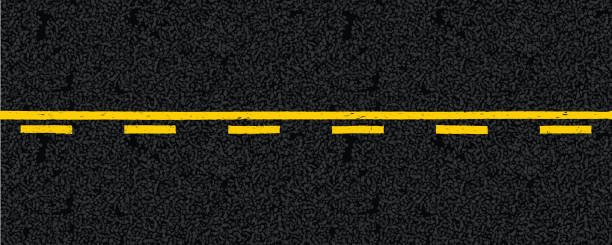 Yellow dotted and solid highway traffic marks lines on tarmac road top view Yellow dotted and solid highway traffic marks lines on tarmac road top view. Vector illustration. Background with old paint texture on asphalt surface. Roadway seamless pattern. Straight driveway road marking stock illustrations