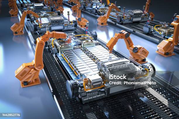 Robot Assembly Line With Electric Car Battery Cells Module On Platform Stock Photo - Download Image Now