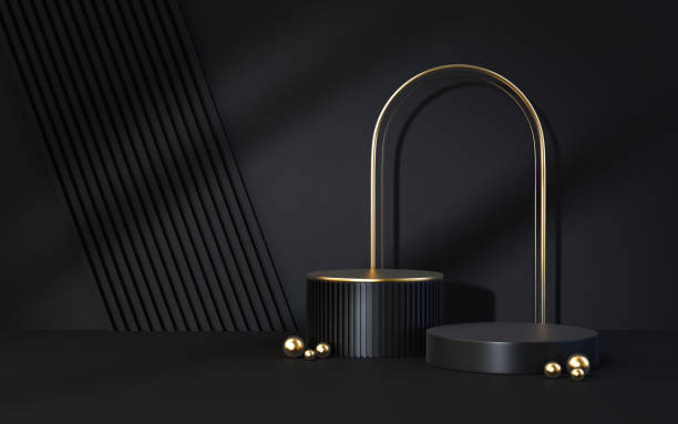 istock 3D podium on black wall background with gold decoration. Luxury gold display showcase for beauty product, cosmetic promotion. Abstract, exotic minimal banner mockup, 3D render - stock photo 1442852833