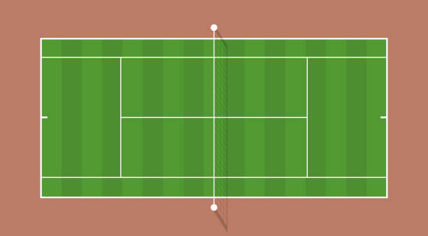 istock Tennis court with grid and shadow top view. Grass cover field. Vector illustration. Textured realistic tennis court illustration. The exact proportions 1442853195