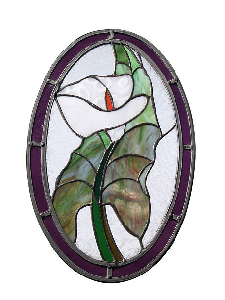 Oval stained glass leaf pane stock photo