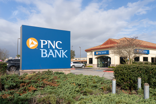 Pearland, Texas, USA - February 16, 2022: A PNC Bank branch in Pearland, Texas, USA.  The PNC Financial Services Group is an American bank holding company.