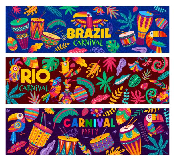 Brazilian Rio carnival party, drums, parrots, palm Brazilian Rio carnival party banners. Cartoon toucan and parrot birds, drums, flowers and tropical palm leaves. Vector samba dance and music festival, Rio de Janeiro carnival, national holiday posters samba dancing stock illustrations