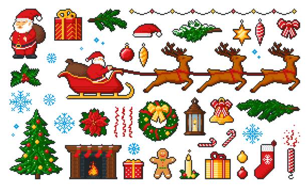 8 비트 크리스마스, 새해 픽셀 아이콘 또는 문자 - christmas candle set bow stock illustrations