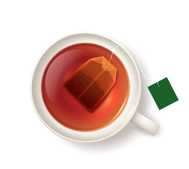 Isolated cup with tea bag, top view, hot drink mug Isolated cup with tea bag, top view of hot drink mug, realistic 3D vector. Teacup with teabag, herbal black or green tea package template for English breakfast, orange pekoe or earl grey tea bags teabag stock illustrations