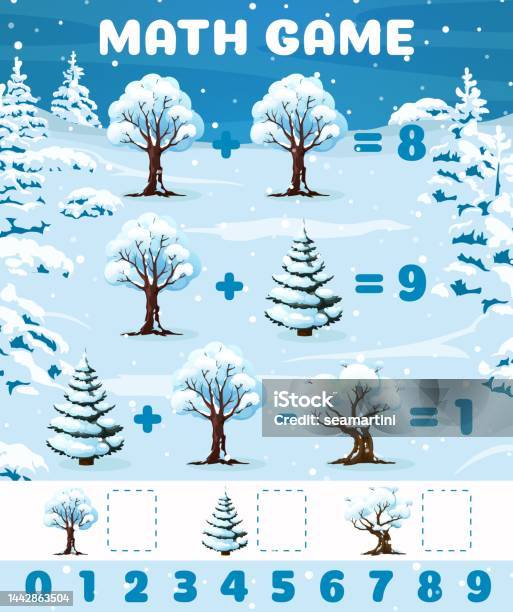 Tree Math Game Christmas Winter Forest Trees Math Game Worksheet Stock Illustration ...
