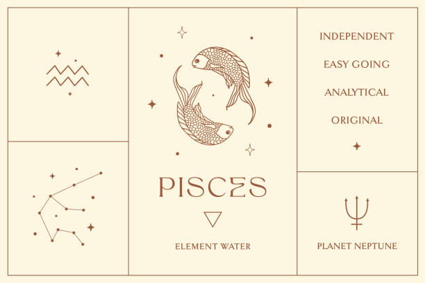 Illustrations de conception de signes du zodiaque Poissons. Élément vectoriel ésotérique, icône - Illustration vectorielle