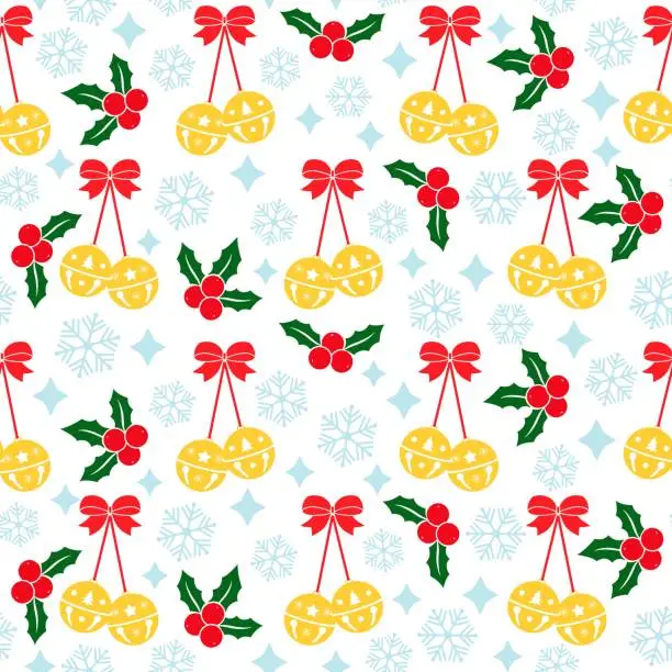 Vector illustration of Cute vector winter seamless pattern with jingle bells, holly berries, stars and snowflakes. Happy New Year and Merry Christmas Festive endless background for print, decoration.