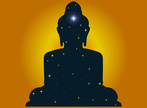 Meditating Buddha sitting silhouette with stars. Buddhism religion drawn poster. Happy Vesak Day Budha birthday banner. Guru Purnima celebration, vector design eps 10