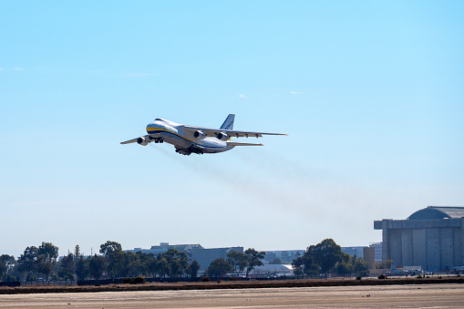 Antonov 124 cargo plane taking off from Moffett Federal Airfield, Mountain View, California, USA.