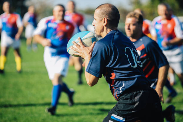 Veteran amateur rugby players during the match.