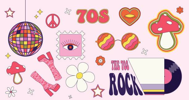 illustrations, cliparts, dessins animés et icônes de groovy 70s vector sticker set.  boule disco, bottes hautes, signe de paix, champignons, hippies, disque vinyle et lunettes rondes. - smiley face audio