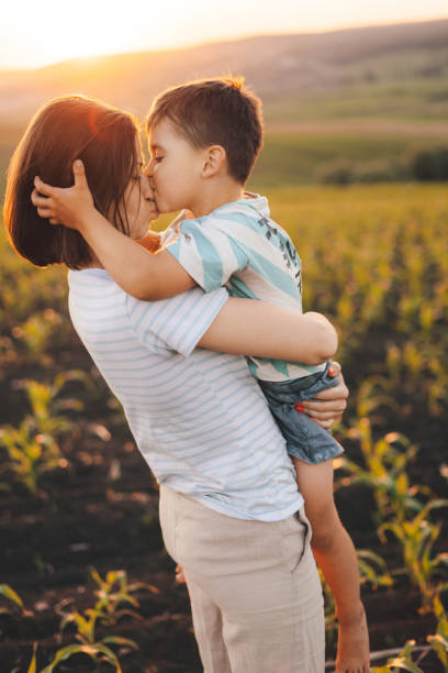Side view of boy lovingly kissing his mother while spending time in green wheat field at sunset. Carefree childhood. Motherhood child care concept. Happy family kid concept. Love people concept. People lifestyle. Happiness concept. stock photo