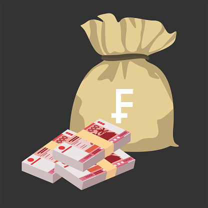 CFP Franc Vector Illustration. French overseas collectivities money set bundle banknotes. Money bag 10000 XPF. Flat style. Isolated on white background. Simple minimal design.