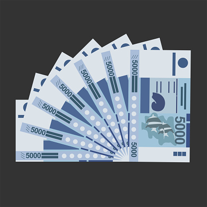 CFP Franc Vector Illustration. French overseas collectivities money set bundle banknotes. Paper money 5000 XPF. Flat style. Isolated on white background. Simple minimal design.