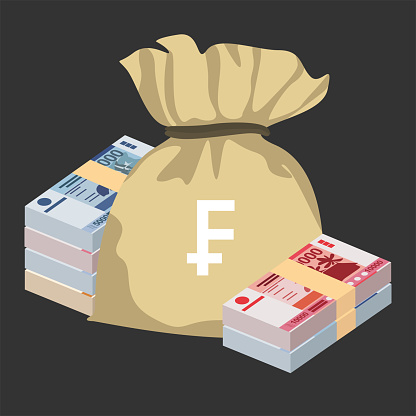 CFP Franc Vector Illustration. French overseas collectivities money set bundle banknotes. Money bag 1000, 5000, 10000 XPF. Flat style. Isolated on white background. Simple minimal design.