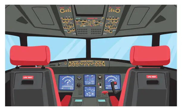 Vector illustration of Pilot Cockpit, Captain Airplane Cabin with Dashboard, Chairs and Window. Modern Passenger Plane Interior