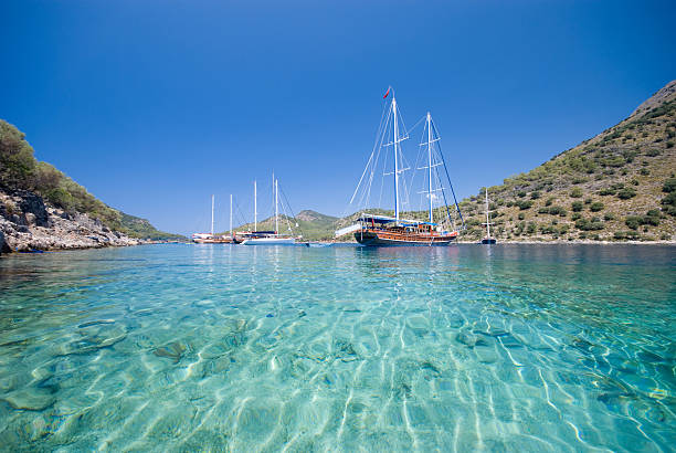 Boats anchored at a bay in the Turkish Mediterranean. Wide angle composition.