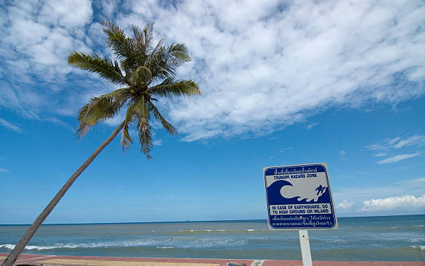 Tsunami warning sign Tsunami warning sign at the beach on Ko Lanta Island,Thailand 2004 indian ocean earthquake and tsunami stock pictures, royalty-free photos & images