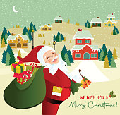 istock Beautiful Christmas Landscape with Santa Claus carrying presents. 1442880352