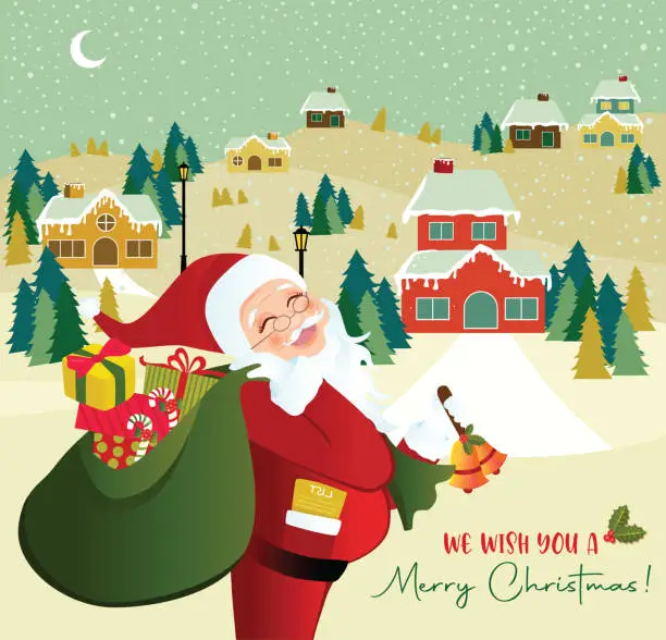 Vector illustration of Beautiful Christmas Landscape with Santa Claus carrying presents.