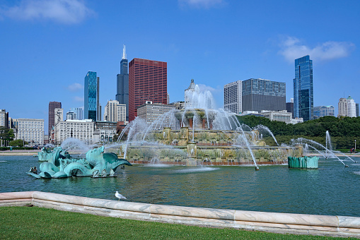 Chicago downtown skyline viewed from fountain in Grant Park
