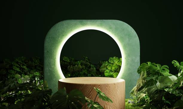 Wooden product display podium in jungle forest with circle fluorescent neon light lamp background. Product presentation theme. Nature and Organic cosmetic and food concept. 3D illustration rendering podio de exhibición de productos de madera en el bosque selvático con fondo de lámpara de luz de neón fluorescente circular. tema de presentación del producto. naturaleza y concepto de cosmética y alimentos orgánicos. representación de ilustracione