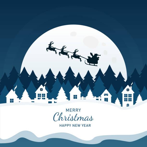 istock Santa Claus with sleigh and reindeer silhouette on a big full moon in the pine forest. Vector 1442895619