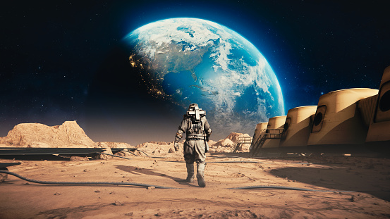 Astronaut in Space Suit Confidently Walking on Mars towards Earth. Space colonisation of planet Mars. Mars - Renewable Energy. Mars rover and space station. Mars Colony and Base, Mars Rover. Alien Red Planet Covered in Rocks. Advanced Technologies, Space Exploration/ Travel, Colonisation Concept. Big Moment for the Human Race. NASA Public Domain Imagery.
https://www.solarsystemscope.com/textures/