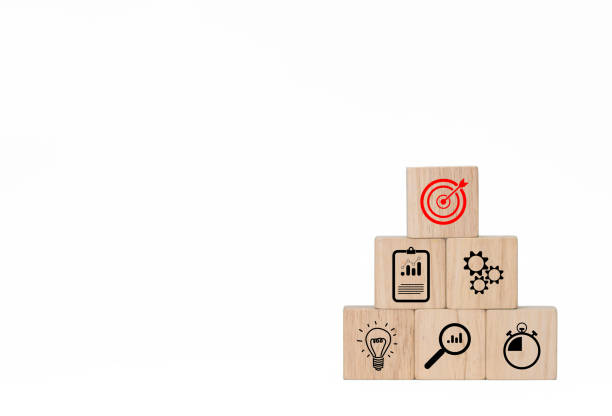 istock Square wooden blocks convey  business strategy stories, Action plan, Goal and target, stack woods block step with icon about business strategy and Action plan. business development concept. copy space, on white background 1442900718