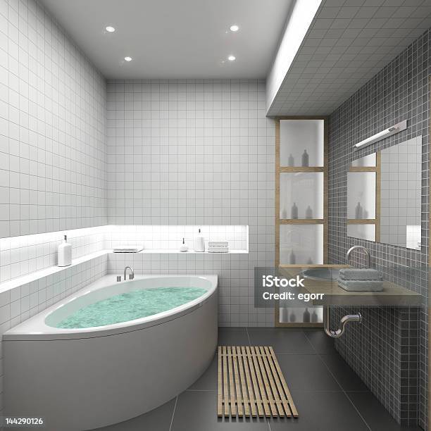 A Modern White Stylish Bathroom Stock Photo - Download Image Now - Architecture, Bathroom, Bathtub