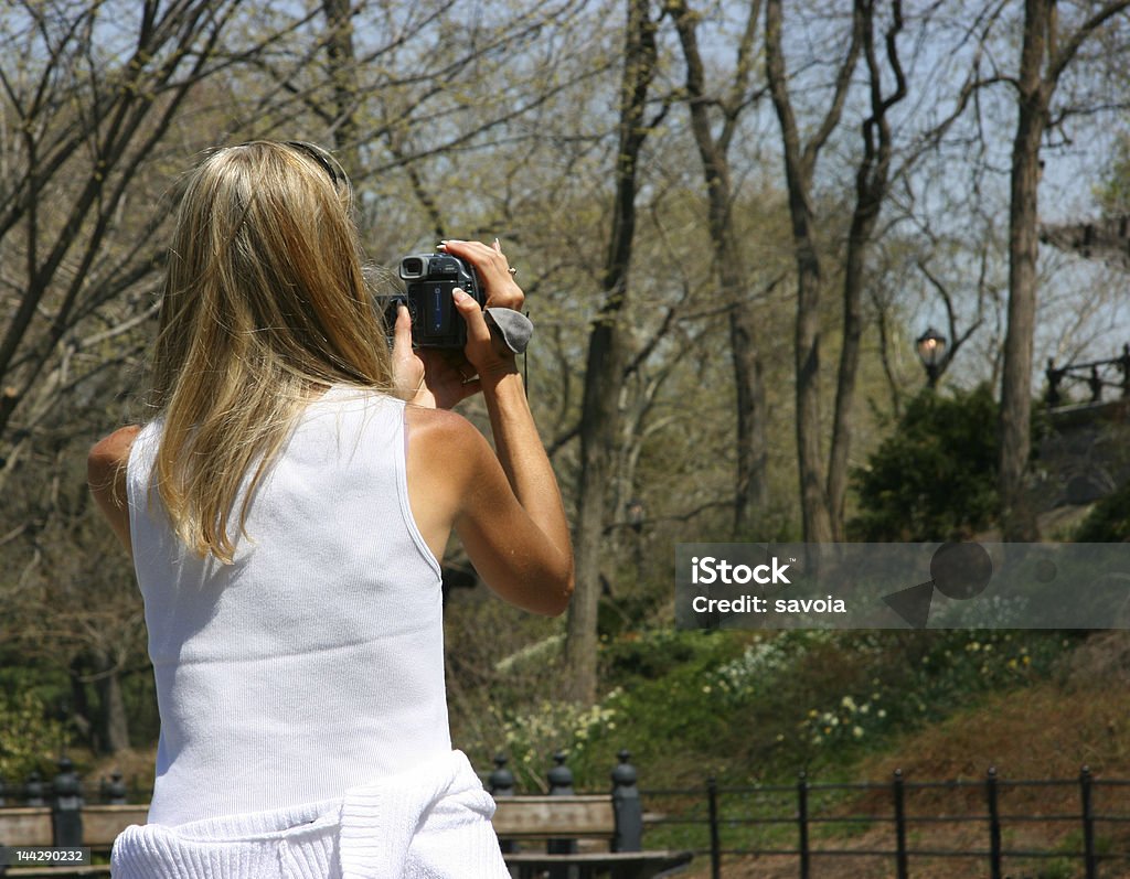 Girl using camcorder Blonde girl using camcorder in Central park Blond Hair Stock Photo