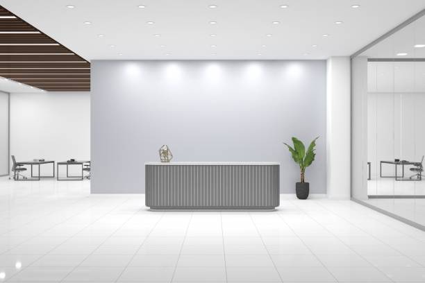 istock 3D rendering of a modern office reception interior 1442903298