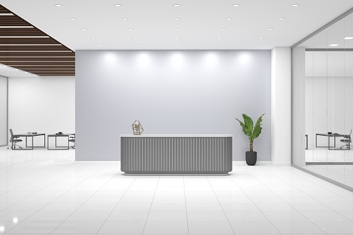 A 3D rendering of a modern office reception interior