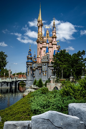 orlan, United States – June 15, 2022: A vertical of the Cinderella Castle in the Disney theme park captured at daylight