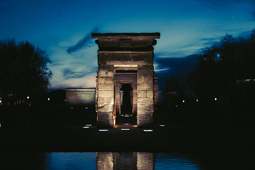 A beautiful architectural details of the Temple of Debod in Madrid, Spain at dawn