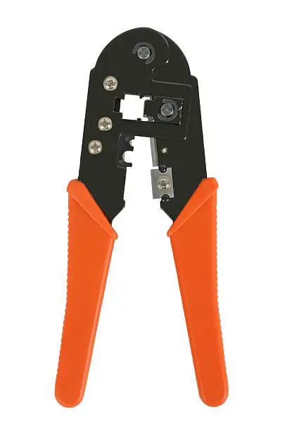 Crimp tool, used for attaching RJ-45 connectors to computer network cables. Isolated on white. Clipping path included.