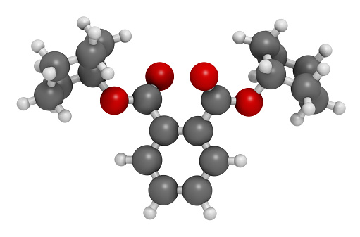 Dicyclohexyl phthalate (DCP) plasticizer molecule. 3D rendering. Atoms are represented as spheres with conventional color coding.