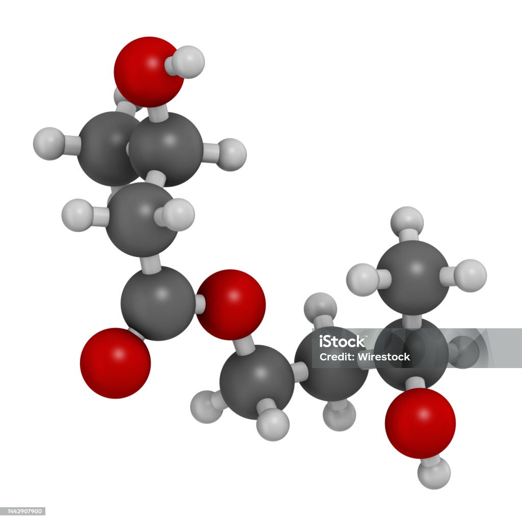 Ketone ester molecule. Present in drinks to induce ketosis. 3D rendering. Ketone ester molecule. Present in drinks to induce ketosis. 3D rendering. Atoms are represented as spheres with conventional color coding. Abstract Stock Photo