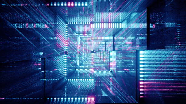 istock 3D rendering of distorted square hallway with colorful neon lights 1442908430