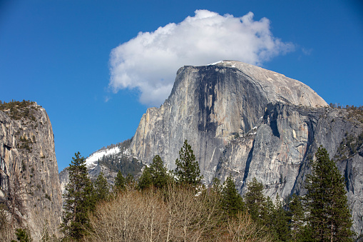 A closeup of Half Dome in Yosemite National Park and the blue sky