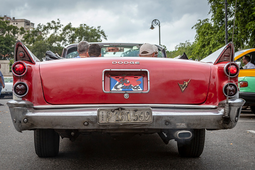 Havana, Cuba – January 18, 2019: The back of a convertible American cars that roll through the streets of  Havana, Cuba