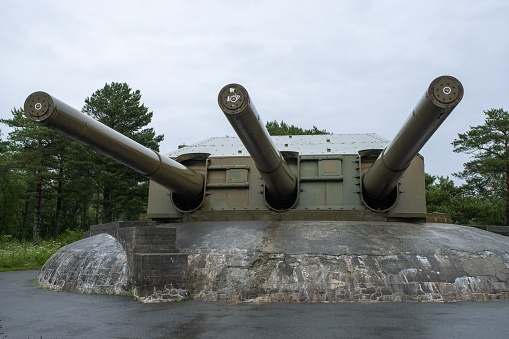 Austratt, Norway – June 06, 2022: Austratt, Norway - July 06, 2022: Austratt Fort was constructedby the Germans and the centrepiece is a triple 28cm gun turret from the Gneisenau