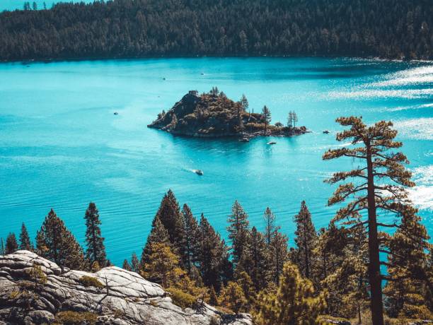 istock Beautiful view of a lake from a rock with large trees 1442914366